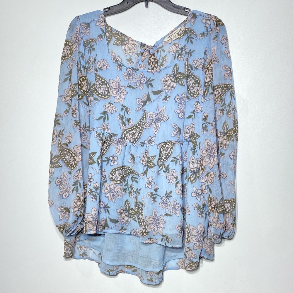 American Eagle Babydoll Blouse Top Women L Blue Paisley Floral Boho Tie Back